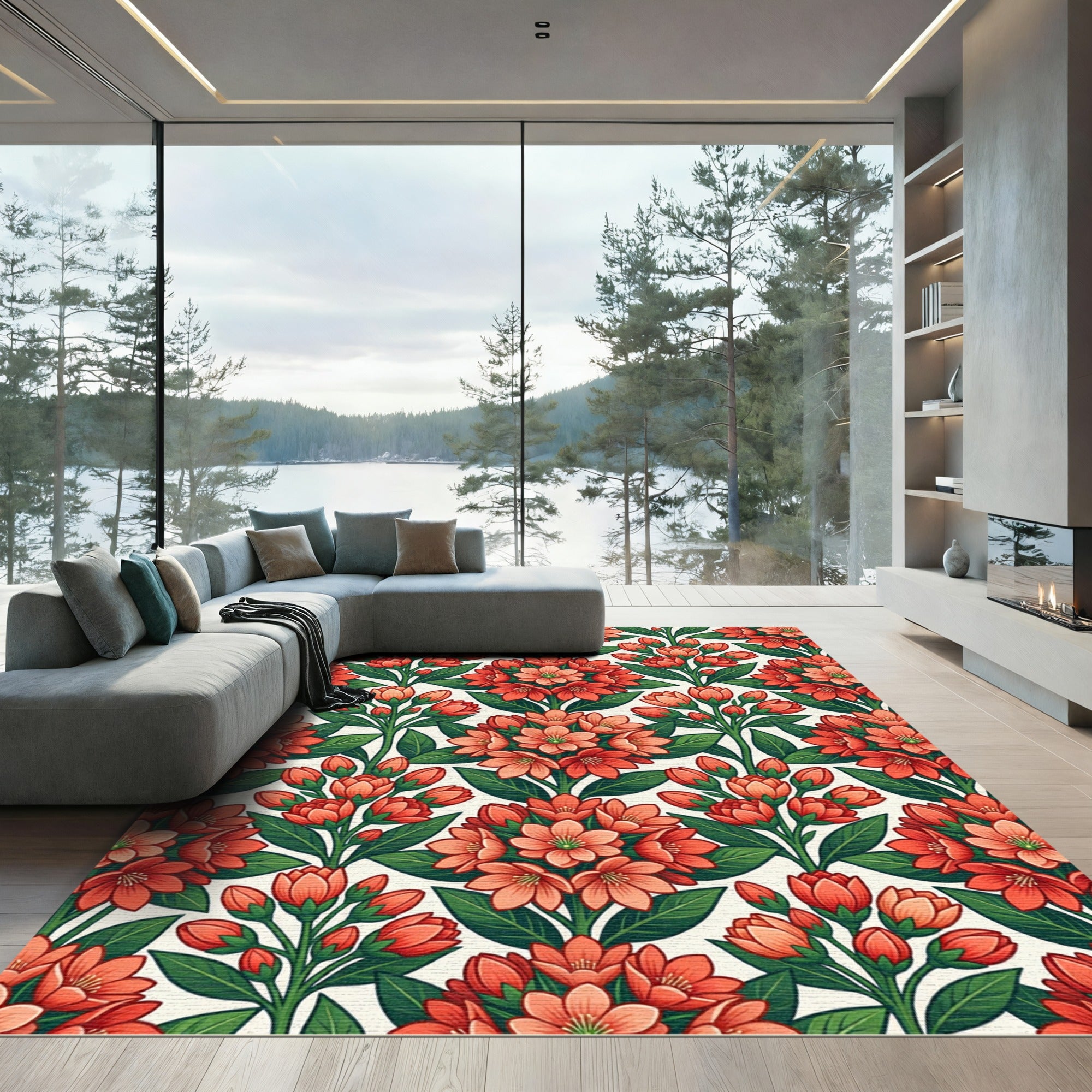 Vibrant Coral Floral Vine Rug