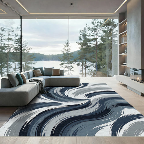 Abstract Cobalt Blue Brushstroke Swirl Rug