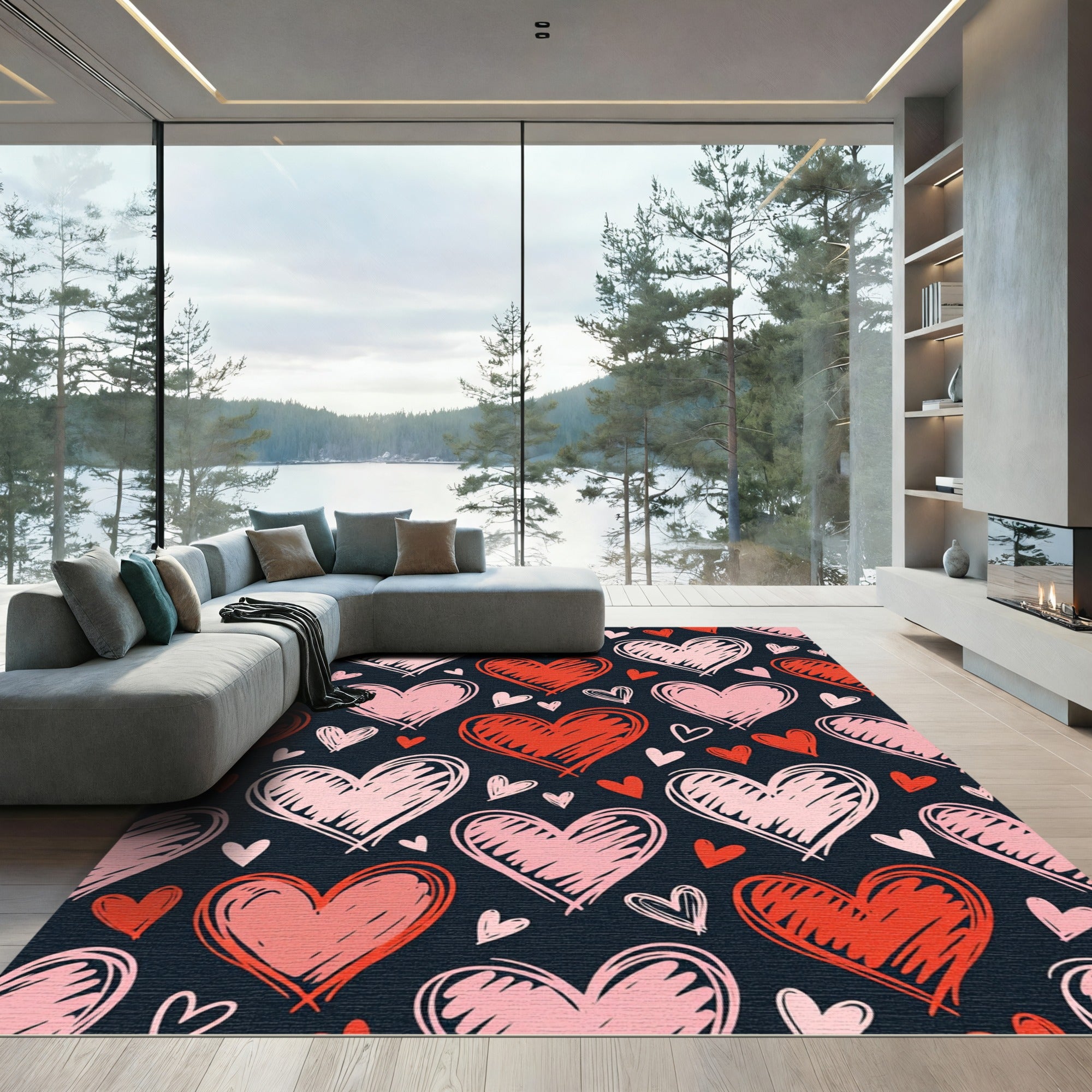 Red Pink Scribbled Hearts Rug