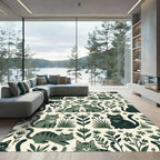 Whimsical Green Cats Floral Meadow Rug