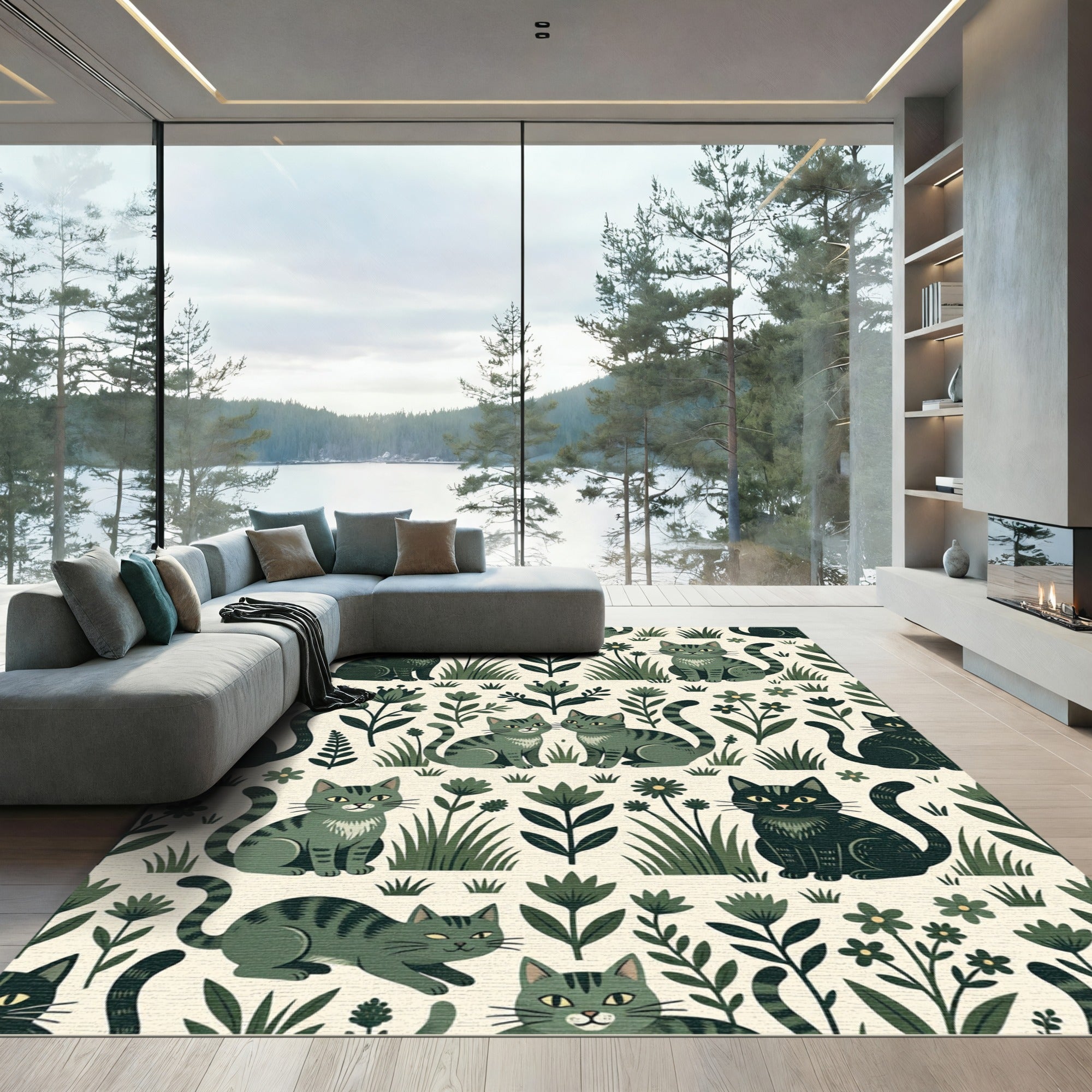 Whimsical Green Cats Floral Meadow Rug