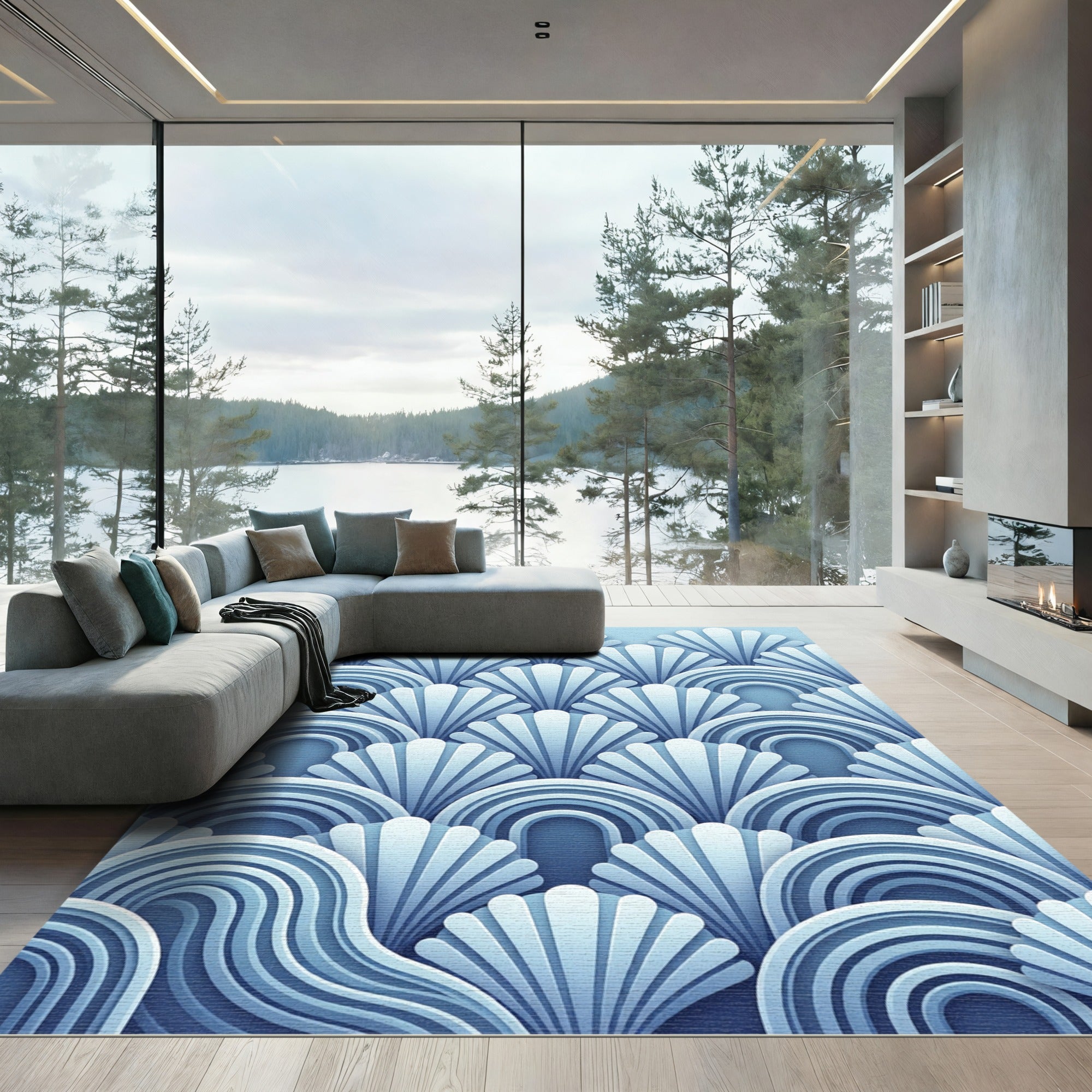 Art Deco Blue Shell Wave Rug