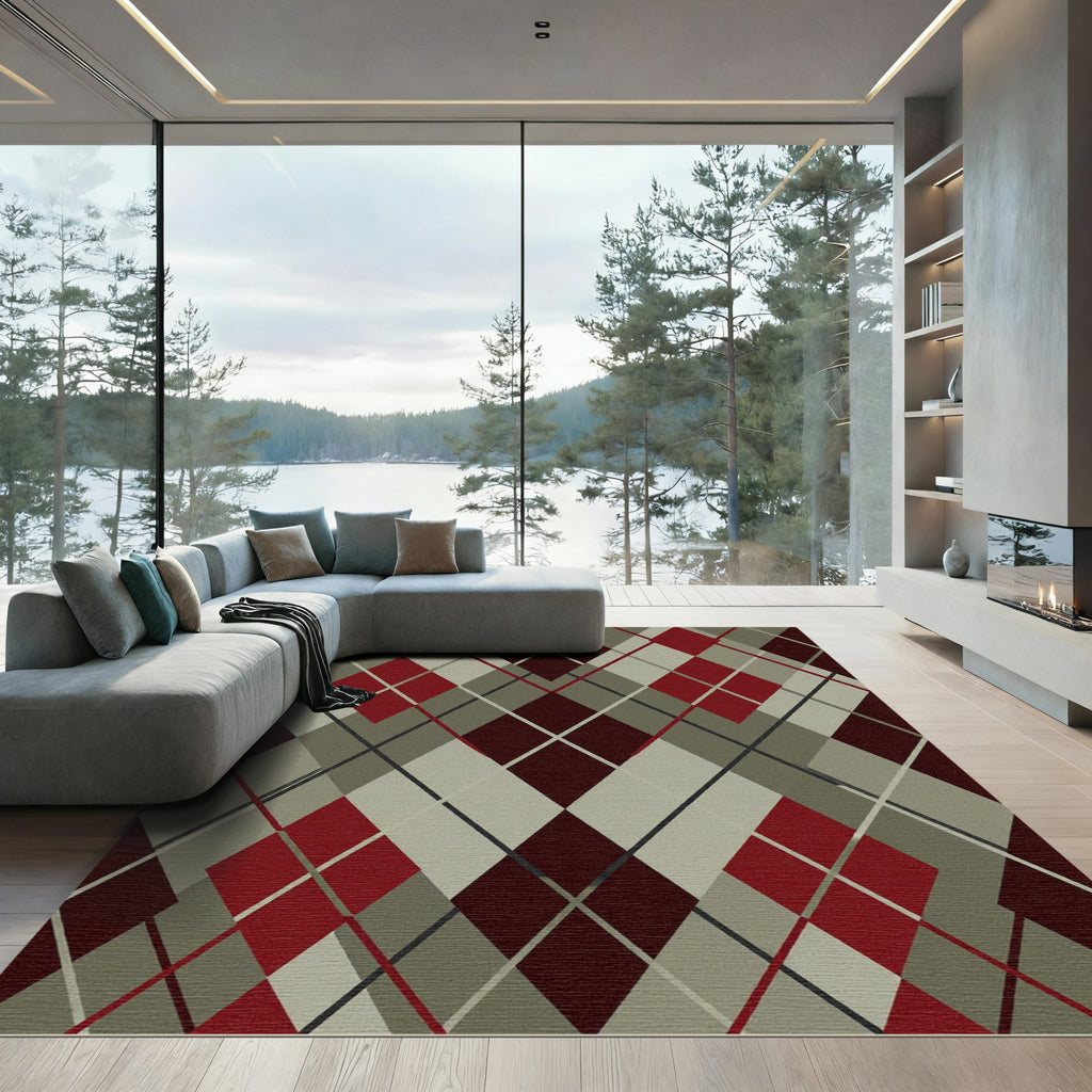 Crimson Cream Gray Diamond Lattice Rug