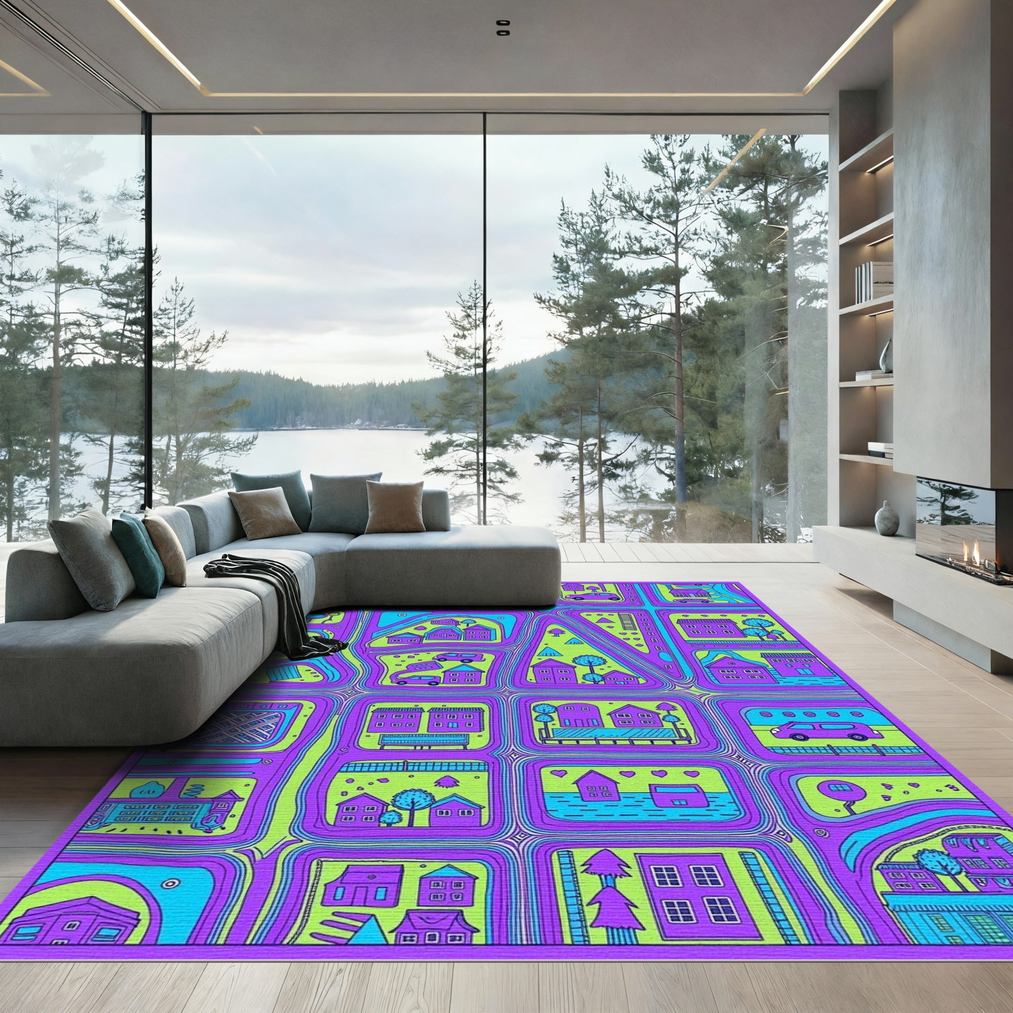 Vibrant Purple Green City Map Rug