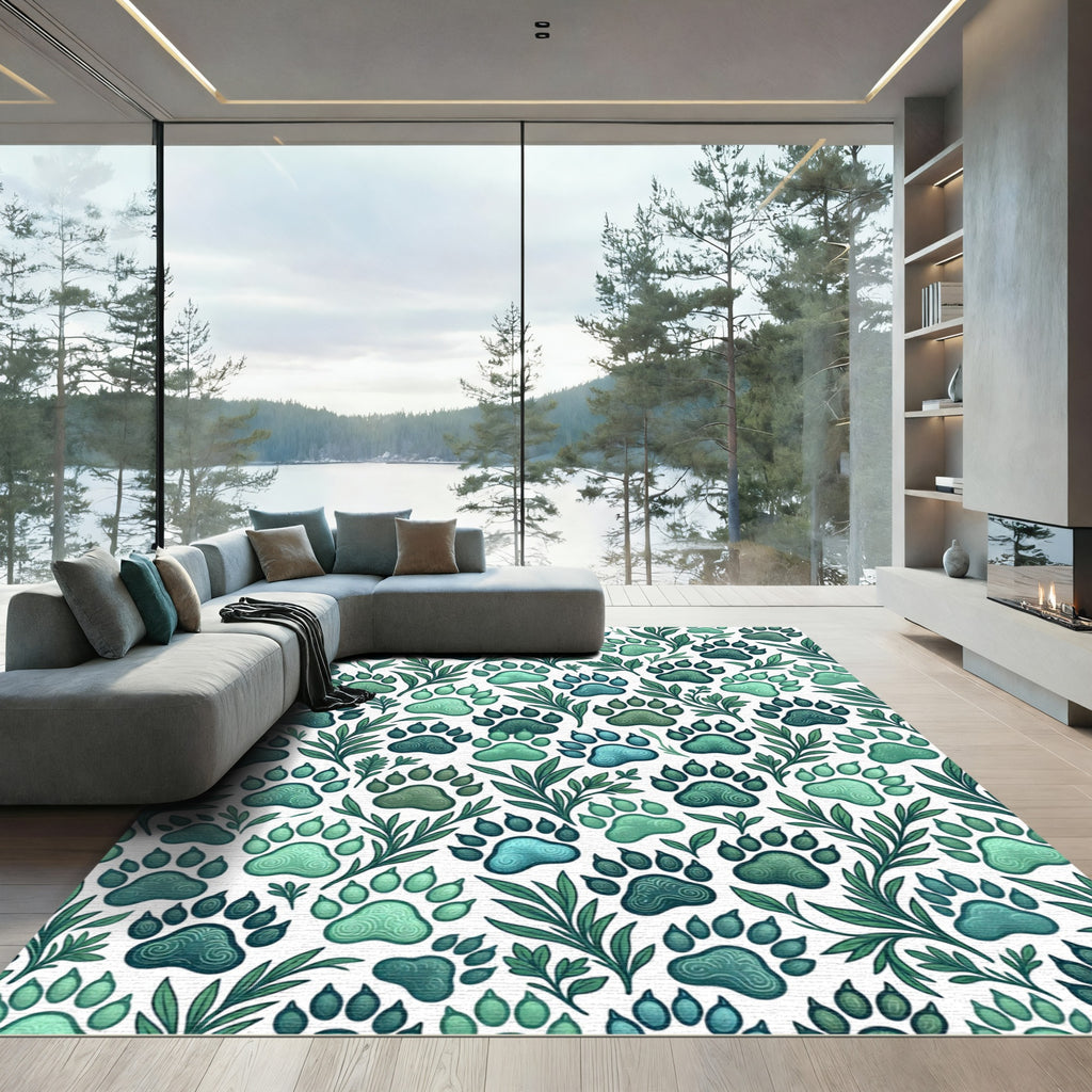 Green Paw Print Foliage Texture Rug