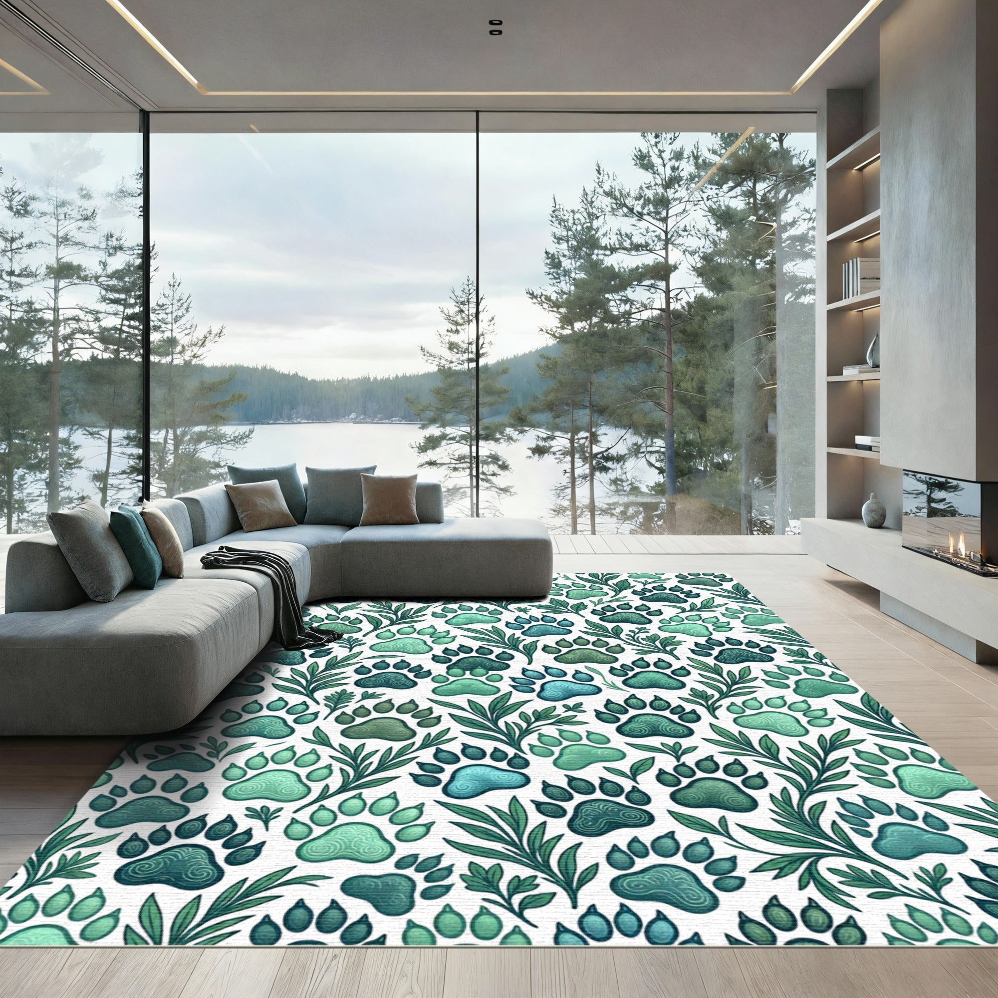 Green Paw Print Foliage Texture Rug