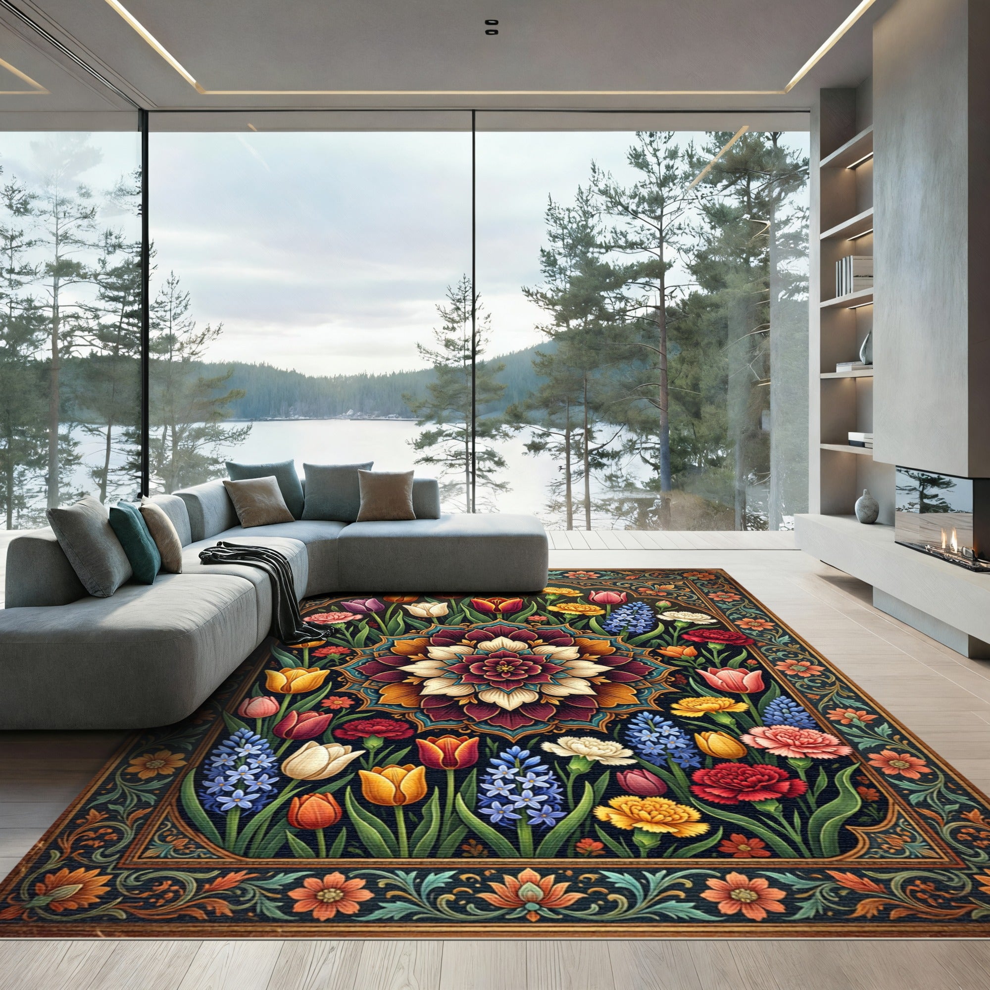 Vibrant Floral Mandala Garden Tapestry Rug