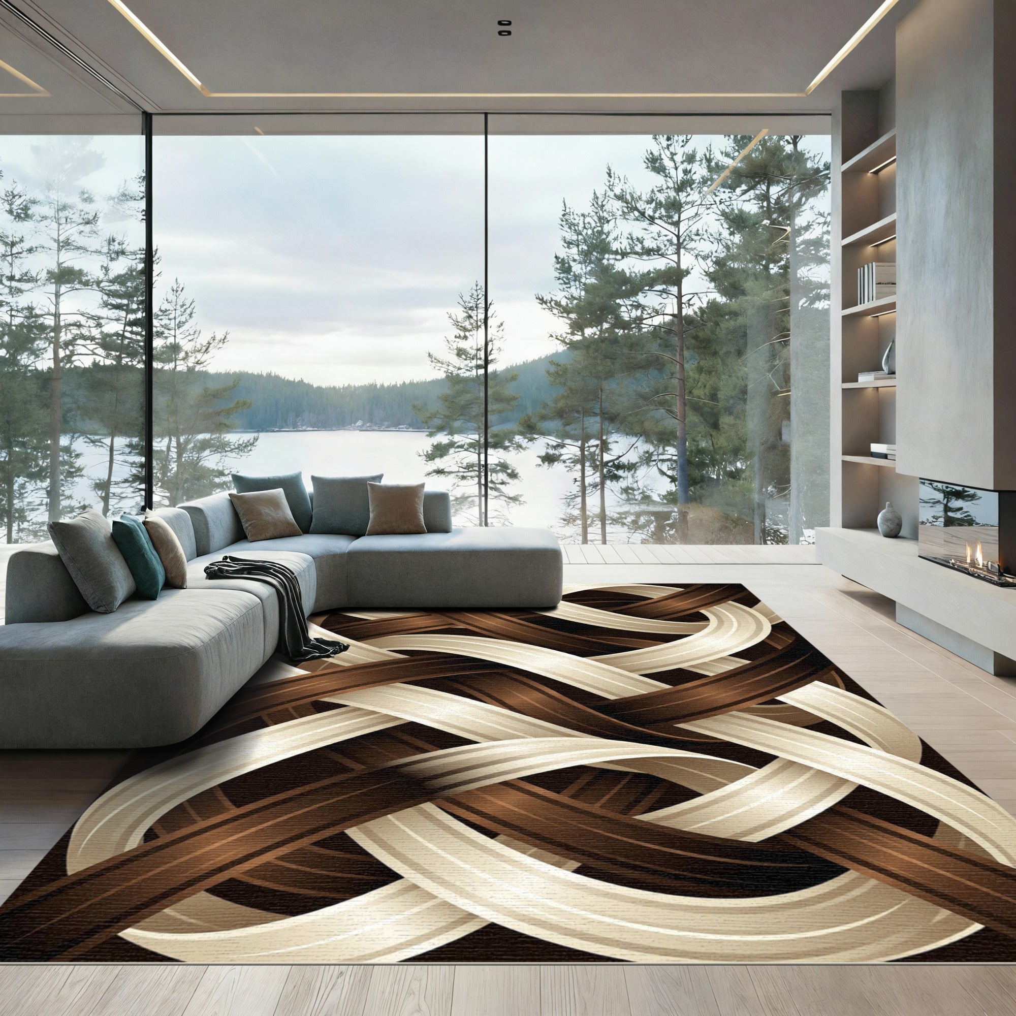 Elegant Intertwined Ivory and Chocolate Woven Rug