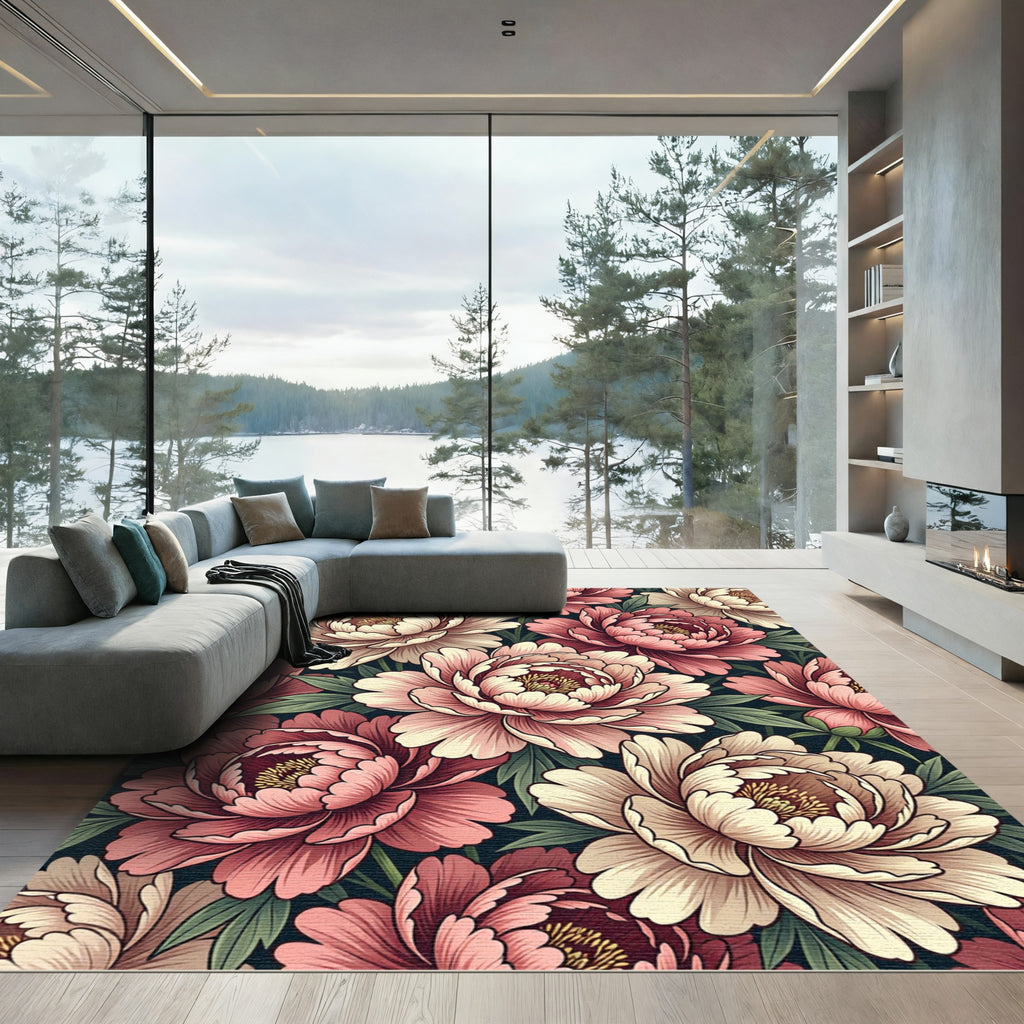Blushing Peony Garden Botanical Art Rug