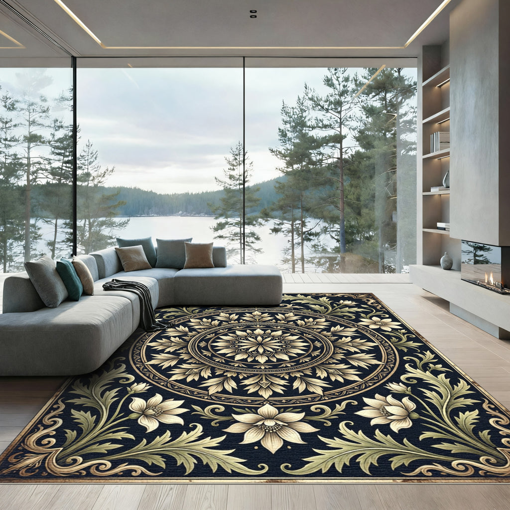 Elegant Beige Floral Medallion Charcoal Art Rug