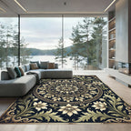 Elegant Beige Floral Medallion Charcoal Art Rug