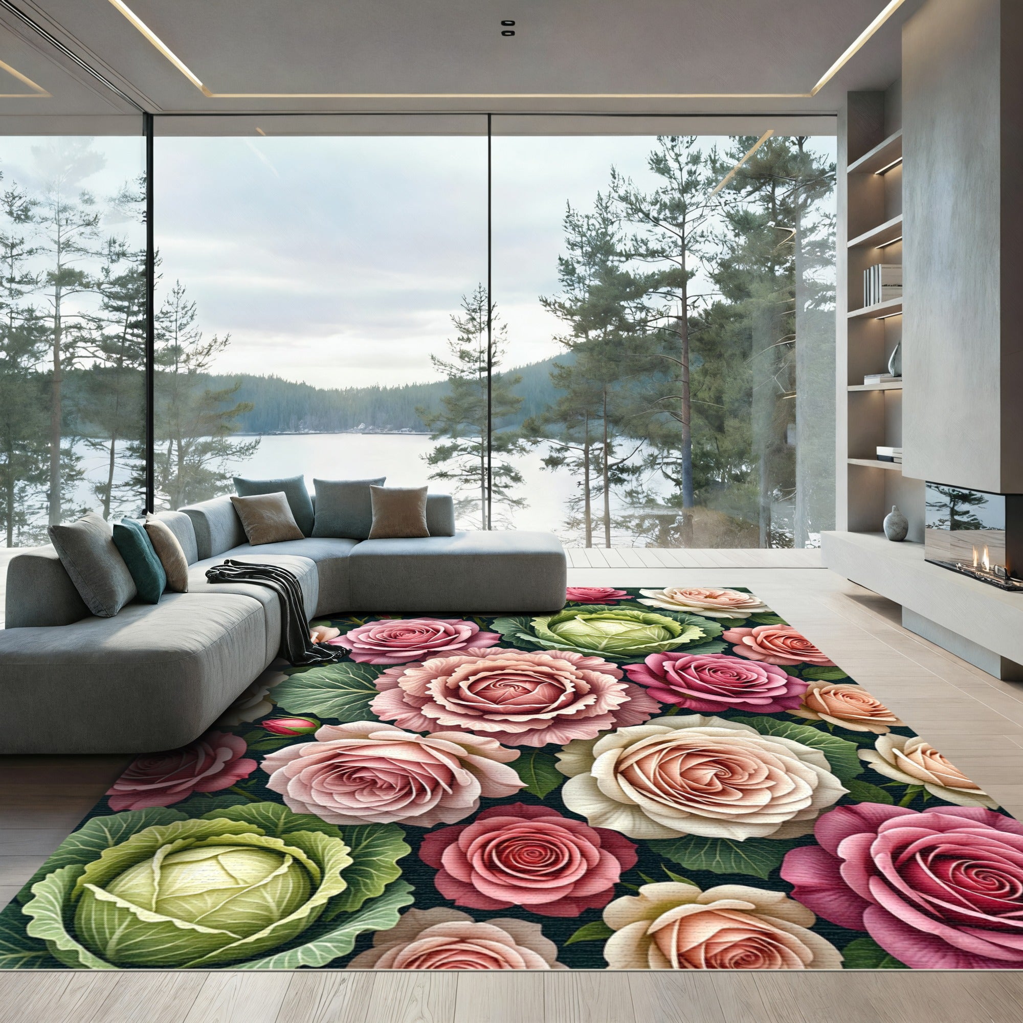 Romantic Pink Rose and Cabbage Floral Rug