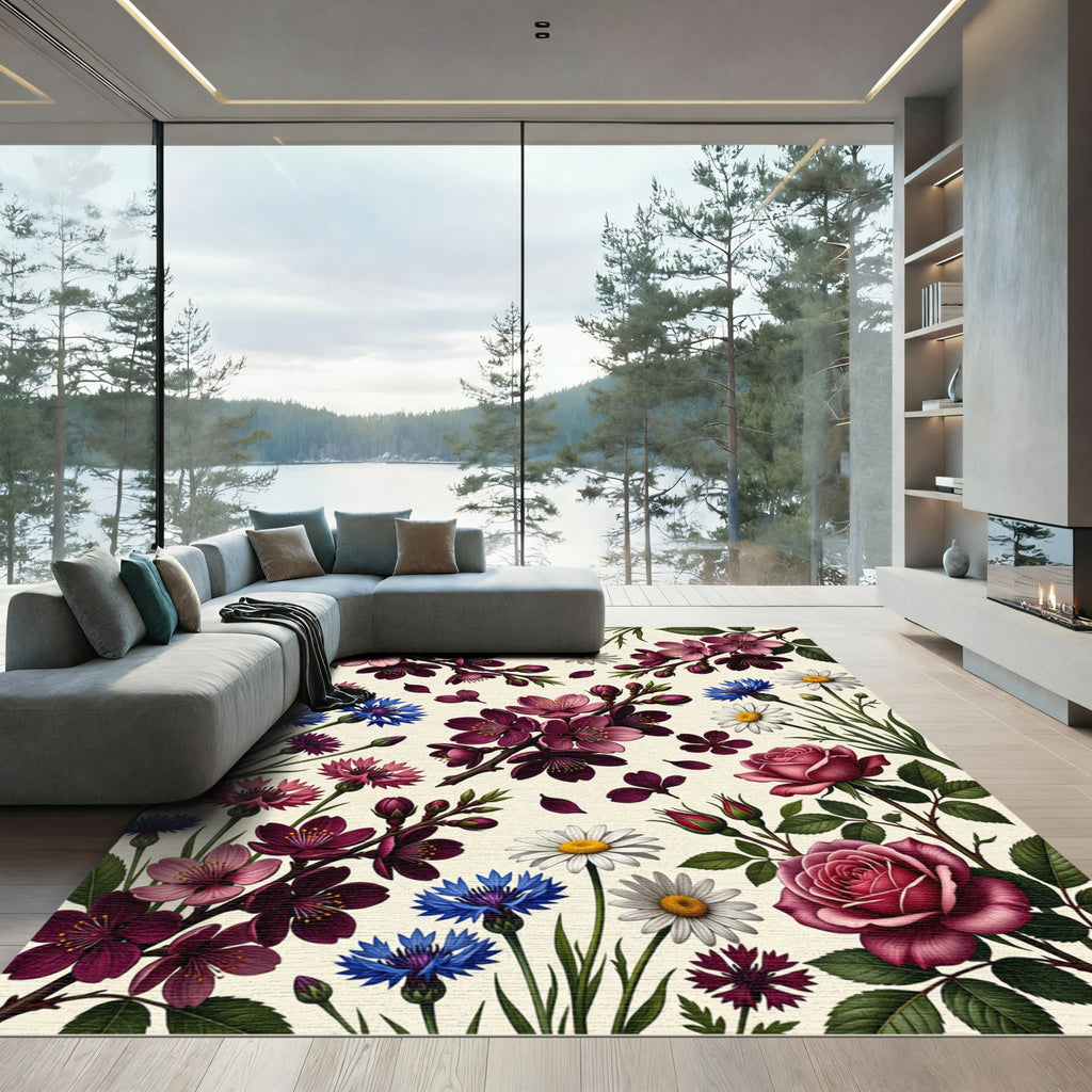Vibrant Berry Floral Multi-Bloom Tableau Rug