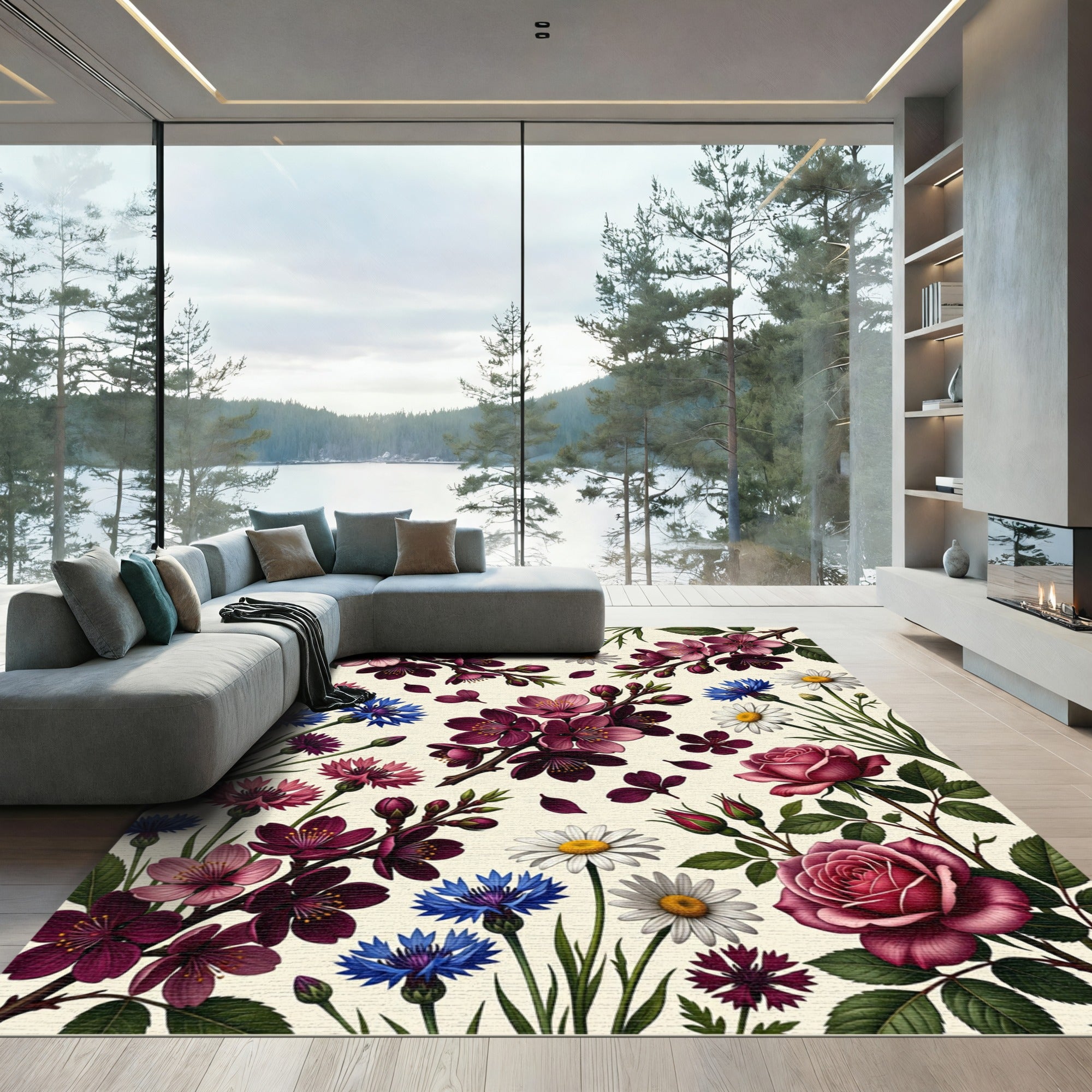 Vibrant Berry Floral Multi-Bloom Tableau Rug