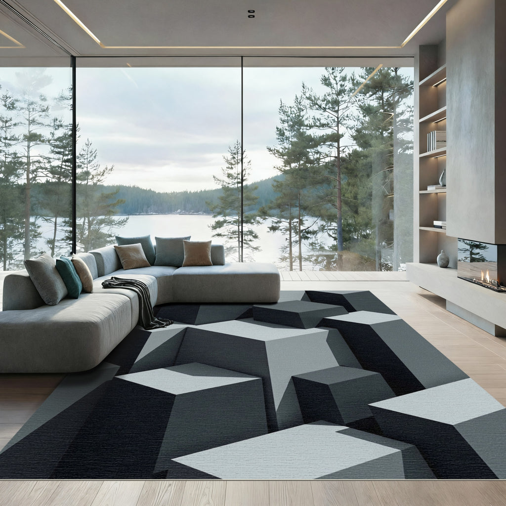 Minimalist Gray Isometric Block Abstract Rug