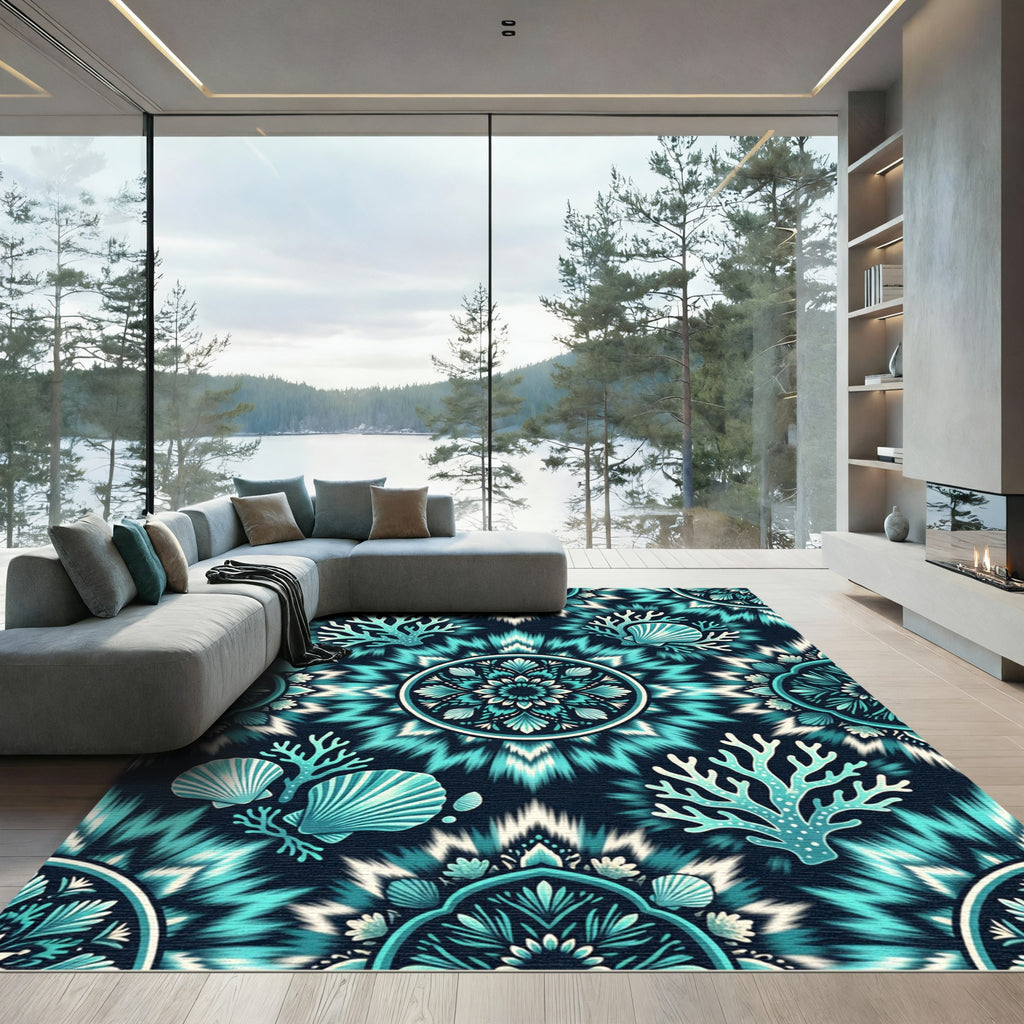 Teal Coral Shell Mandala Medallion Rug