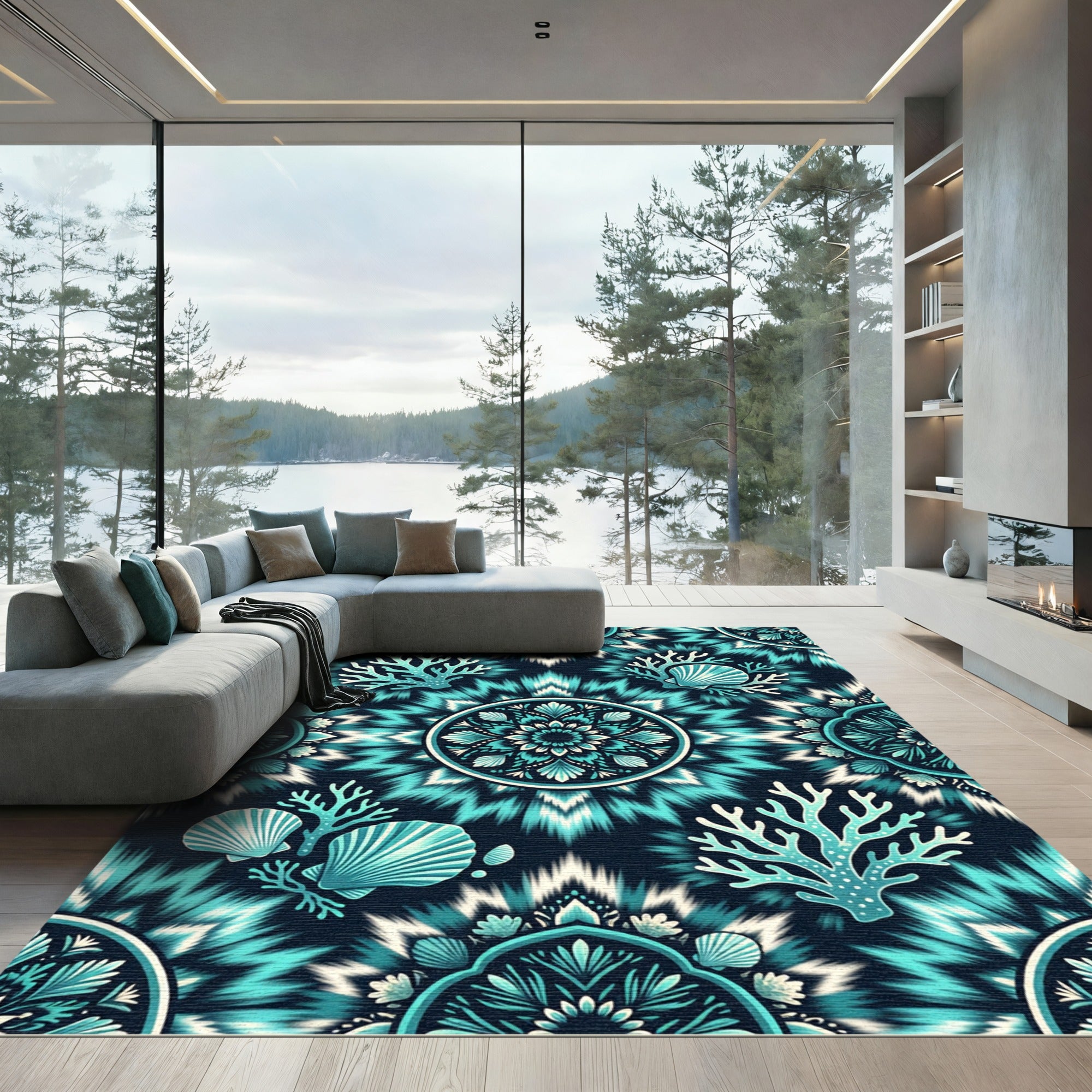 Teal Coral Shell Mandala Medallion Rug