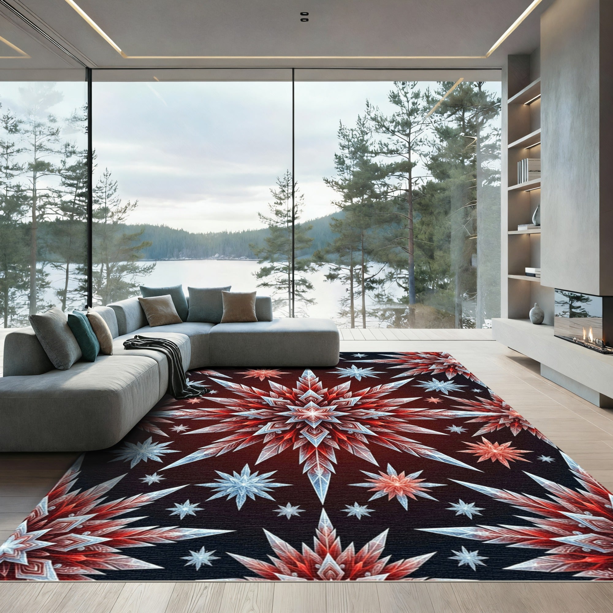 Crystalline Red Ice Starburst Arrangement Rug