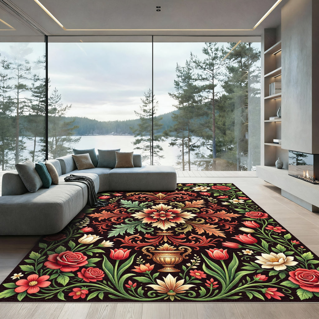 Ornate Crimson Floral Foliage Medallion Rug