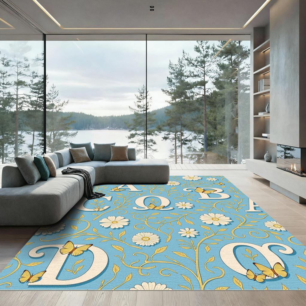Whimsical Butterfly Daisy Alphabet Pattern Rug
