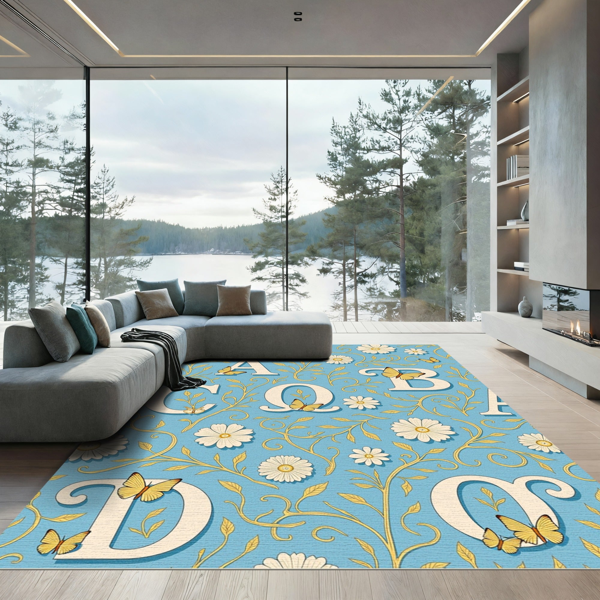 Whimsical Butterfly Daisy Alphabet Pattern Rug