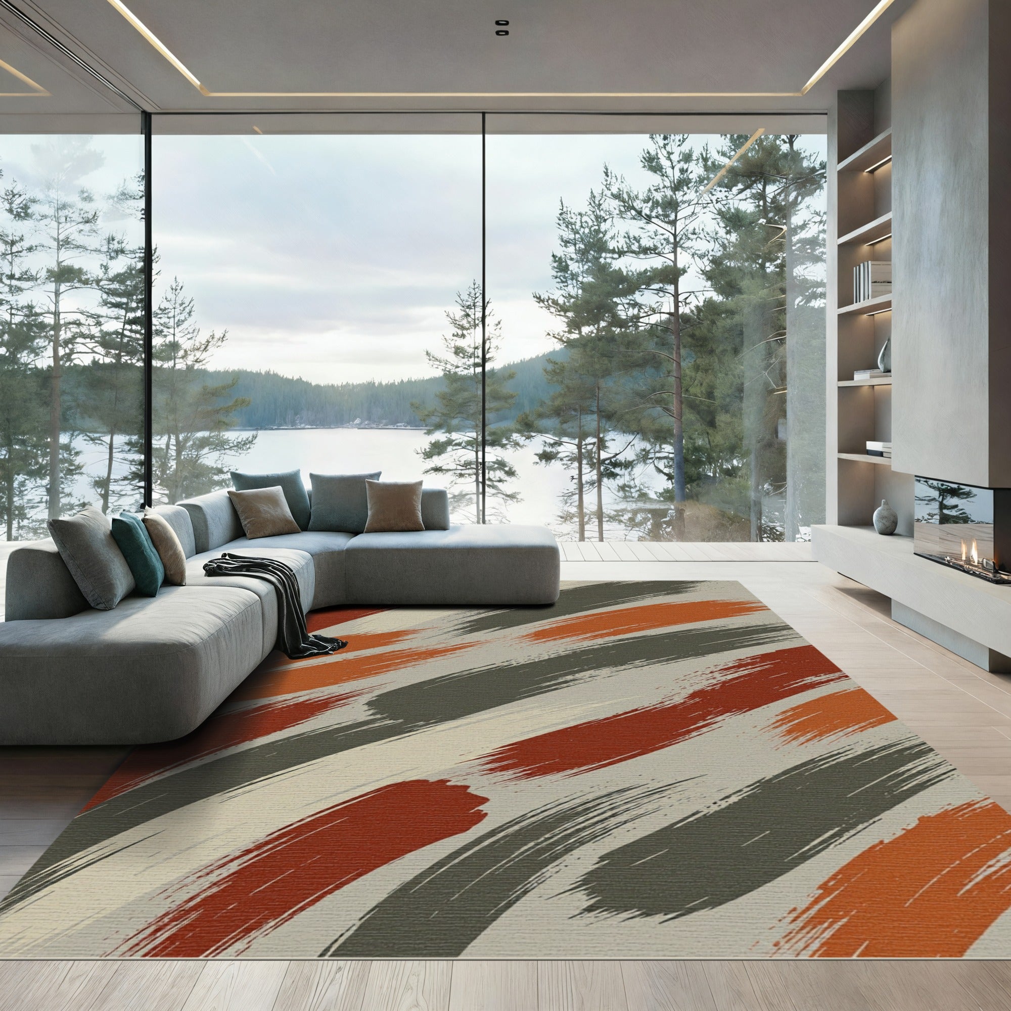 Earthy Abstract Burnt Orange Charcoal Brushstrokes Rug