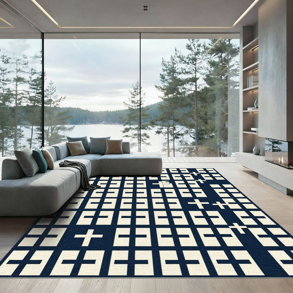 Navy Geometric Grid with Ivory Crosses Rug