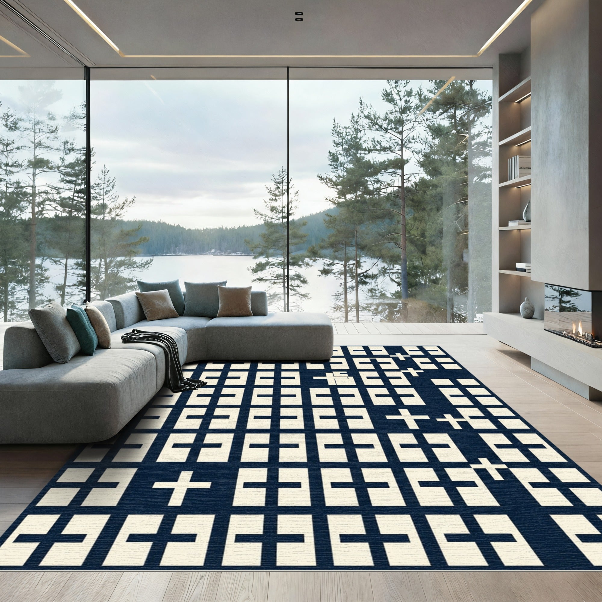 Navy Geometric Grid with Ivory Crosses Rug