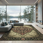 Elegant Sage Green Ornate Damask Medallion Rug