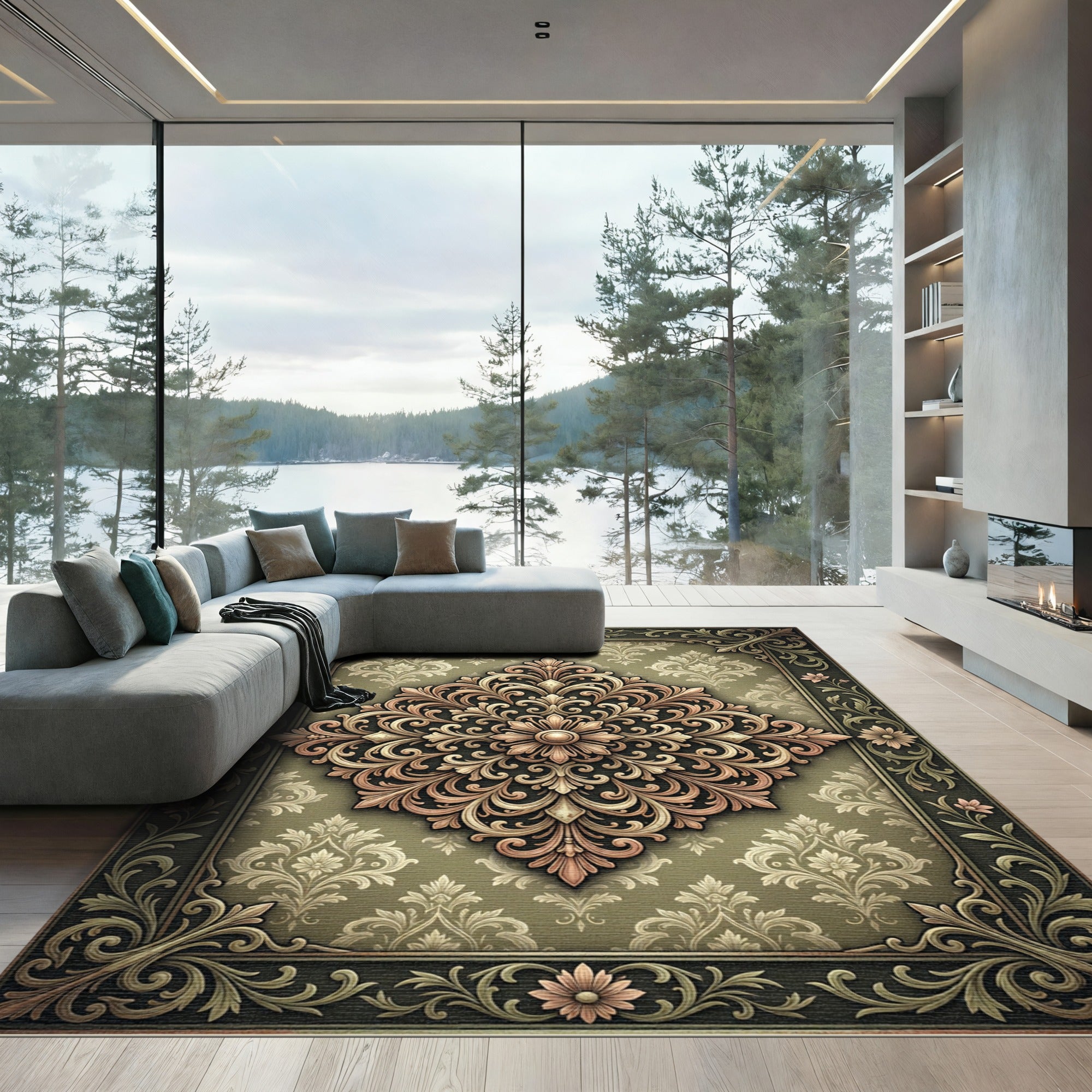 Elegant Sage Green Ornate Damask Medallion Rug