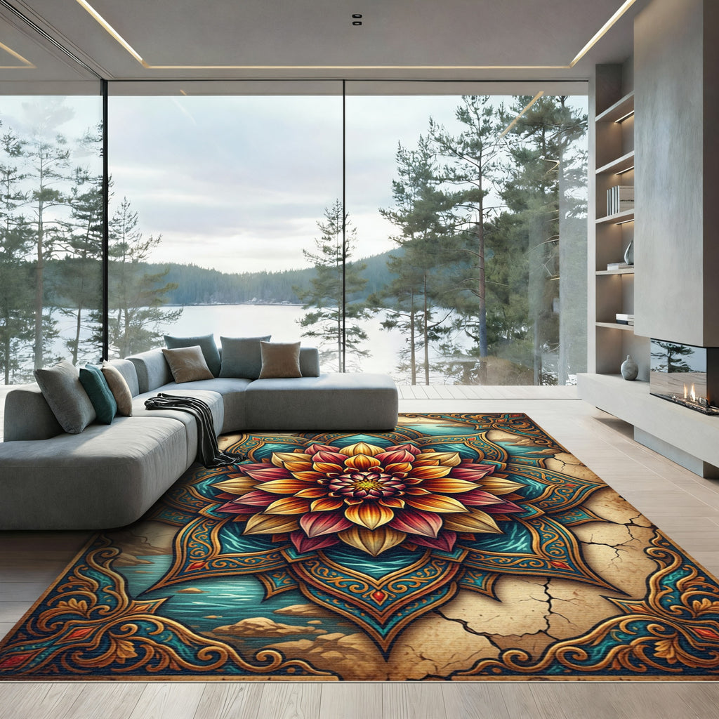 Radiant Floral Mandala Teal Gold Rug