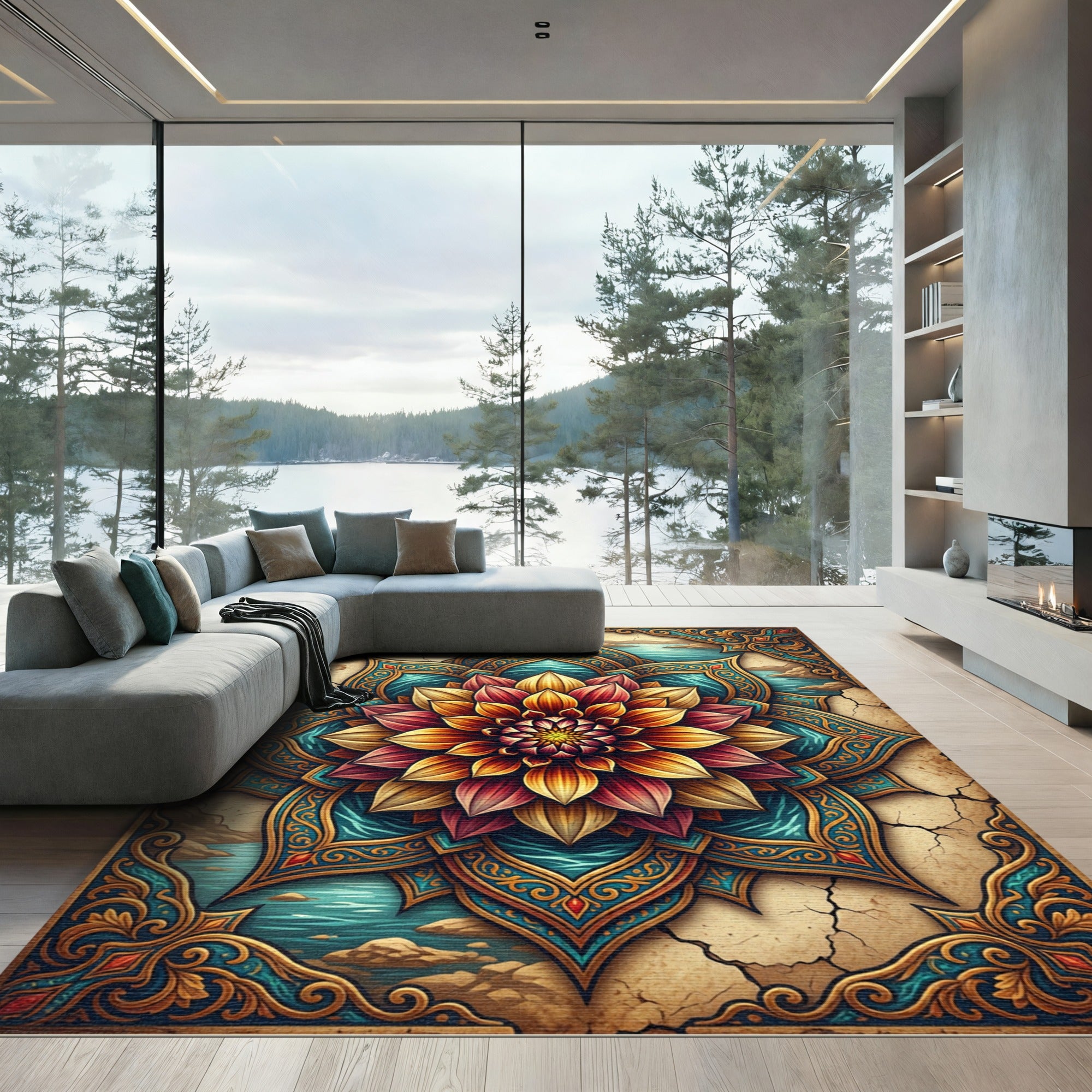 Radiant Floral Mandala Teal Gold Rug