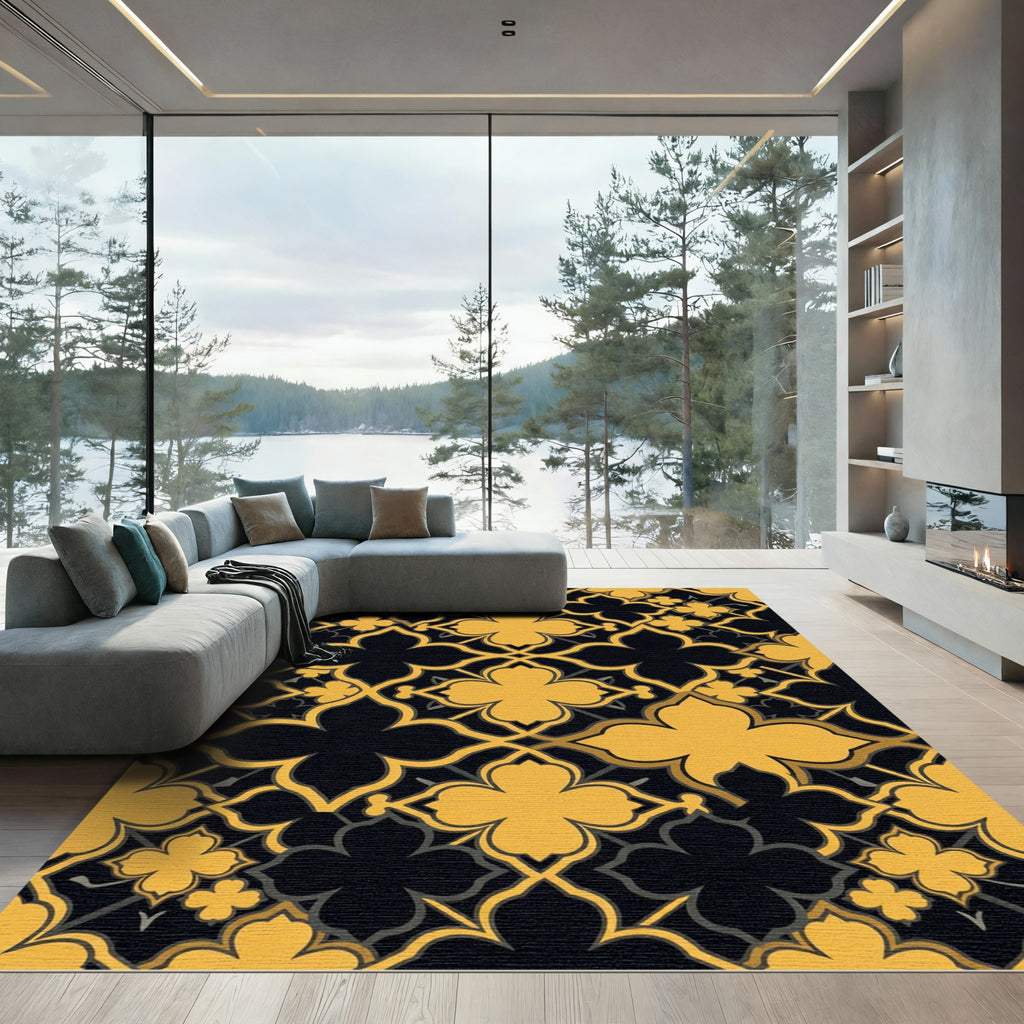Golden Quatrefoil Tile Black Geometric Tile Rug