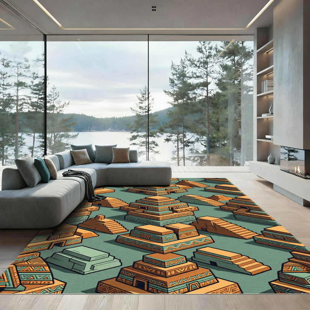 Isometric Aztec Gold and Teal Pyramids Rug