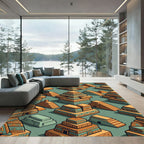 Isometric Aztec Gold and Teal Pyramids Rug