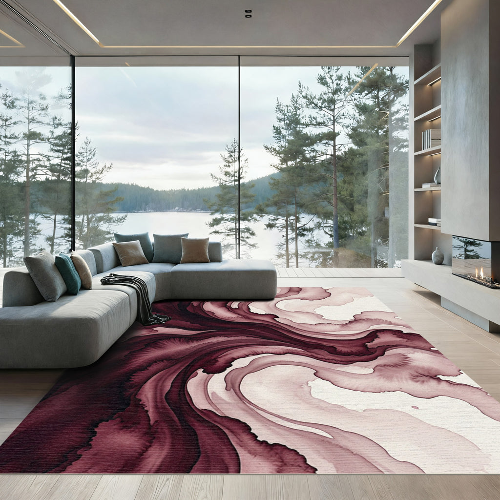 Deep Maroon Liquid Swirl Abstract Rug