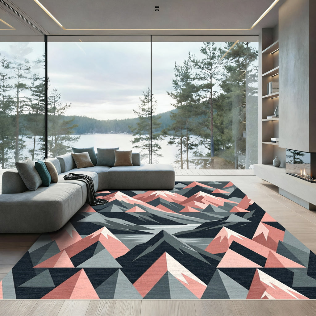 Geometric Pink and Slate Mountain Landscape Rug