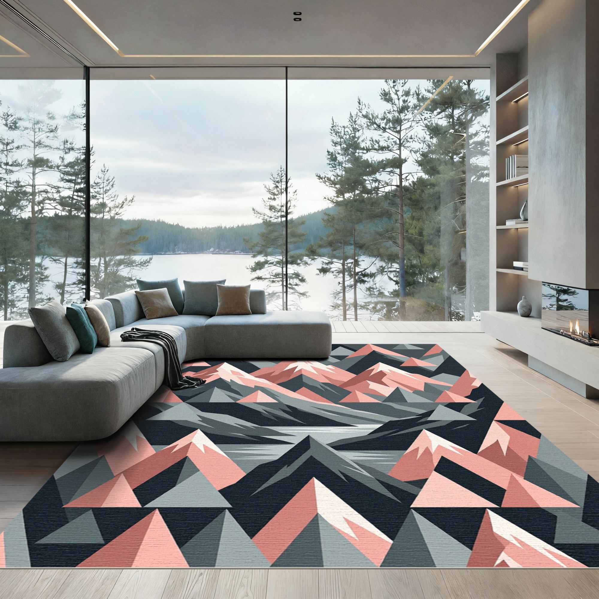 Geometric Pink and Slate Mountain Landscape Rug