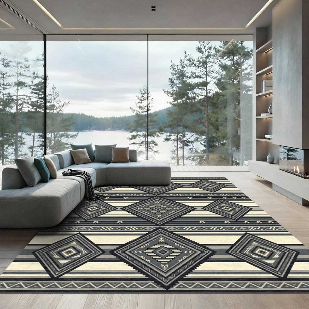 Monochromatic Geometric Diamond Striped Tapestry Rug