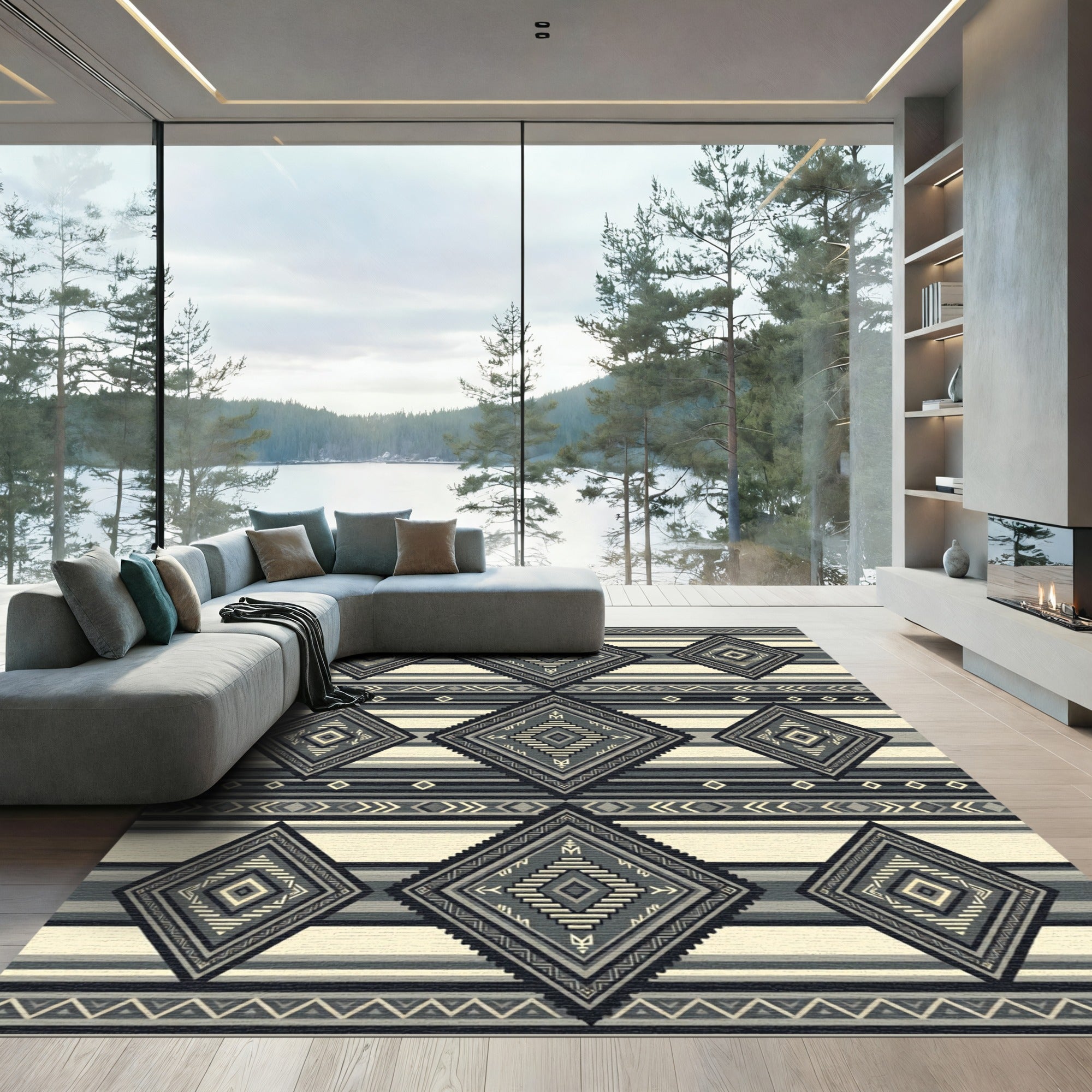 Monochromatic Geometric Diamond Striped Tapestry Rug