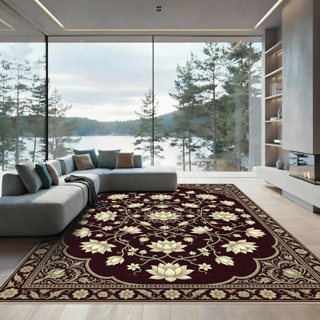Crimson Floral Lotus Mandala Rug