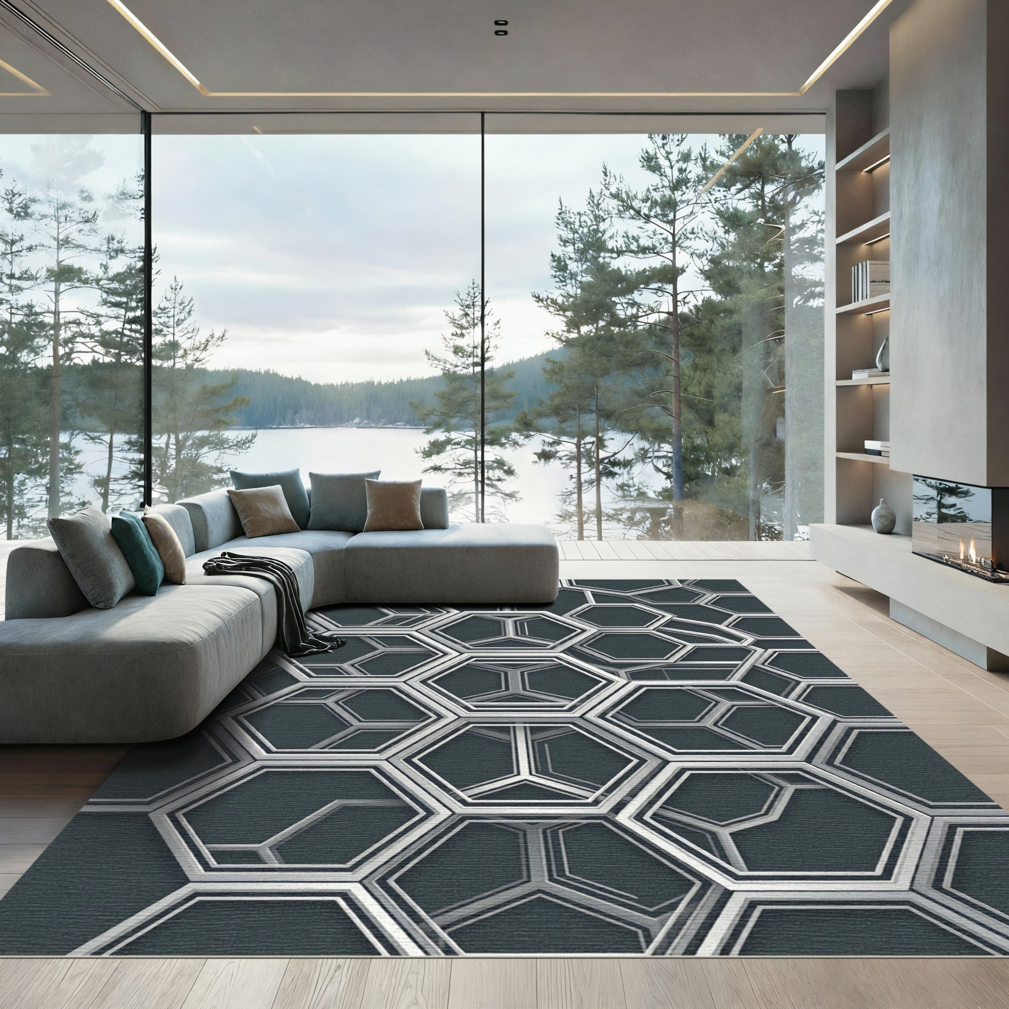 Modern Metallic Gray Geometric Hexagon Rug