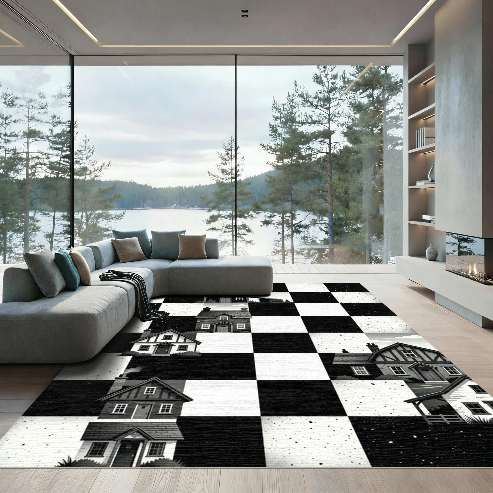 Monochrome Checkered Village Home Art Rug