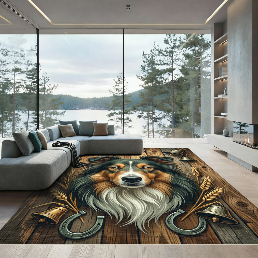 Rustic Collie Portrait with Golden Wheat Rug