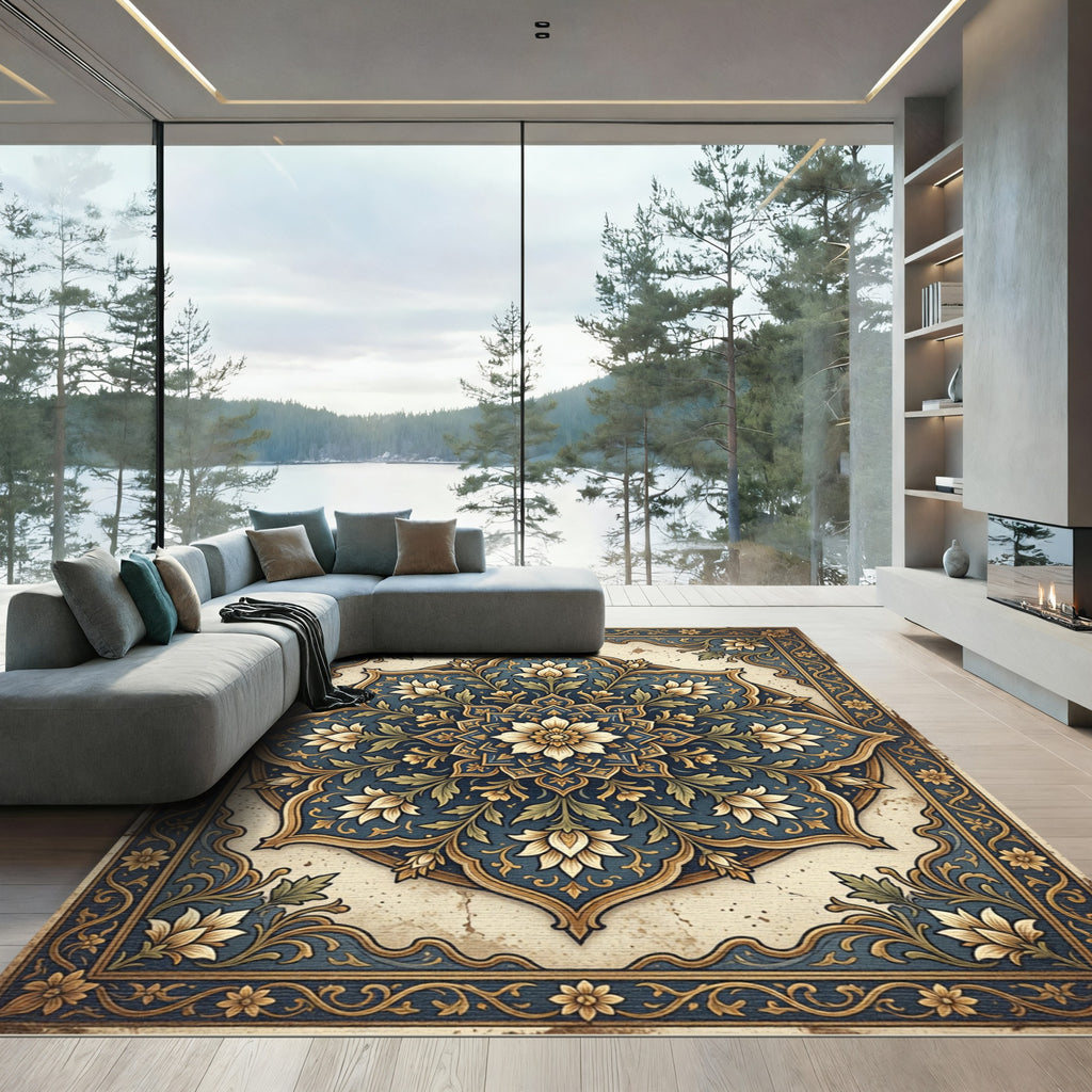 Intricate Navy Golden Floral Medallion Rug