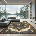Intricate Navy Golden Floral Medallion Rug