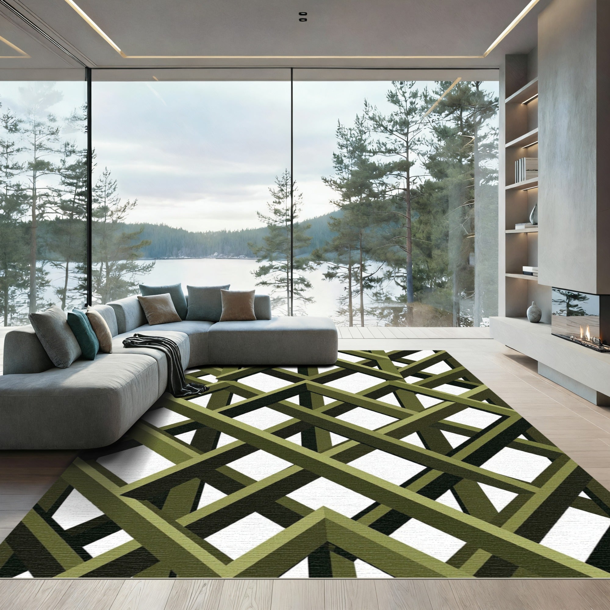 Olive Green Geometric Lattice Grid Rug