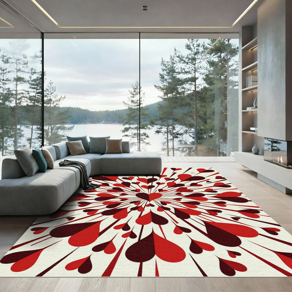 Radiant Crimson Heartburst Geometric Art Rug