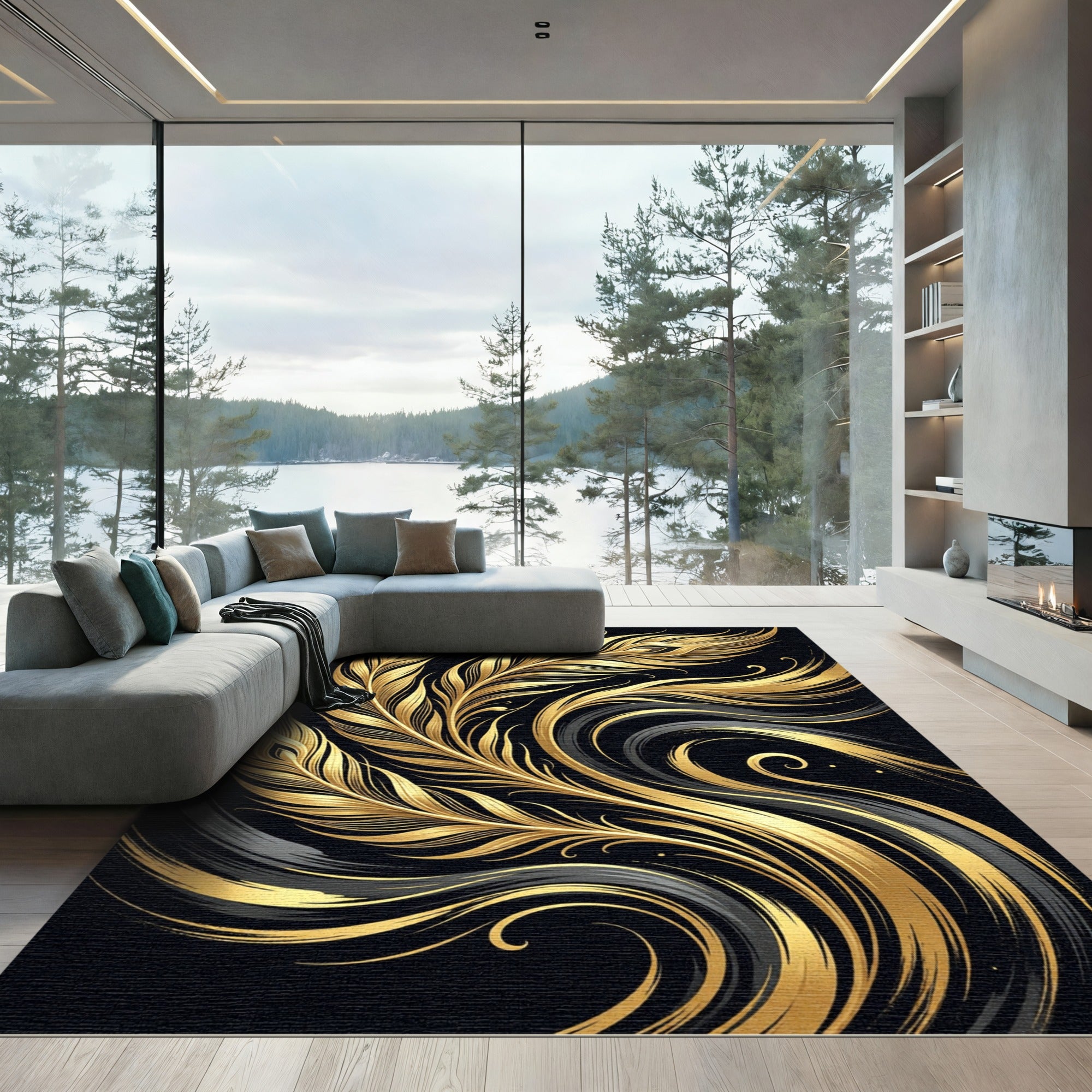 Elegant Gold Feather Swirl Art Rug