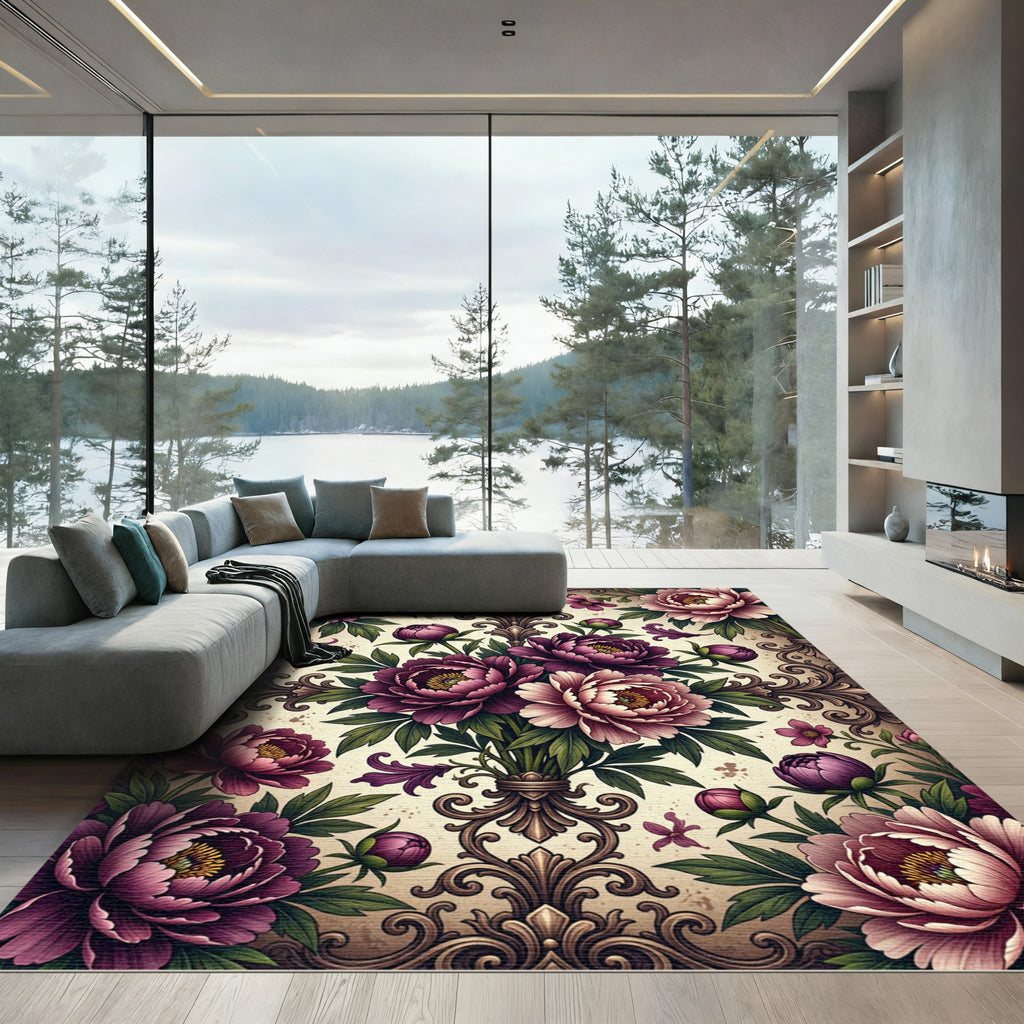 Elegant Purple Peony Floral Damask Rug
